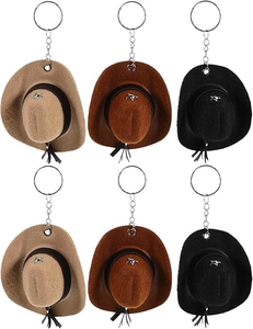 Mini cowboy hat keychains set with silver stars, tassels and metal rings in six colors