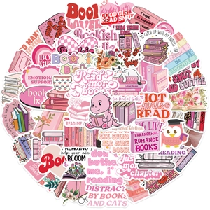 Close-up of pink bookish stickers for laptops with book lover quotes and waterproof PVC finish