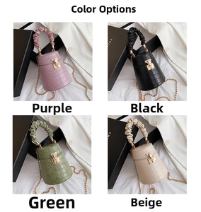 Crocodile pattern mini bucket bags in purple, black, green, and beige color options