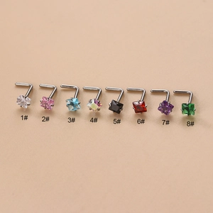 L-shaped stainless steel nose studs set with colorful 3mm square cubic zirconia stones