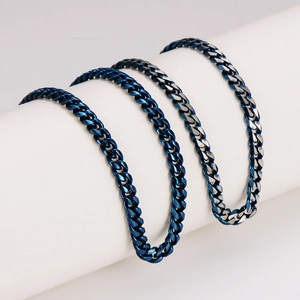 Minimalist blue and silver hex-cut Cuban link necklace on white display stand