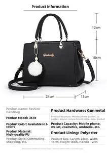 Detailed size chart and specifications for the black textured PU leather handbag