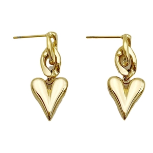 Chic golden heart dangle earrings with sleek chain link and minimalist stainless steel