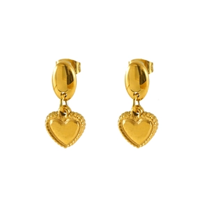 Boucles d'oreilles cœur dorées élégantes avec clou ovale et bordure texturée sur blanc