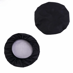 Front and back view of a black elastic wide-band satin sleep cap and waterproof bonnet