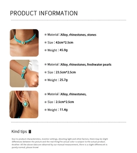 Detailed spec sheet showing turquoise jewelry set sizes and materials for the layered necklace