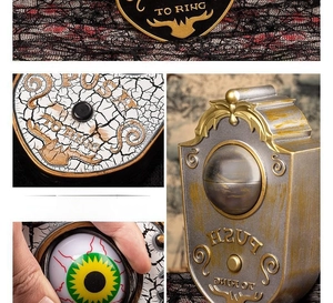 Macro details of Halloween eyeball doorbell with bronze finish and glowing green eye