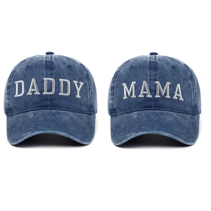 Set of two washed denim baseball caps with Daddy and Mama 3D embroidery on front