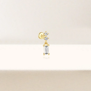 Detailed macro of gold S925 sterling silver stud earrings with rectangle cubic zirconia