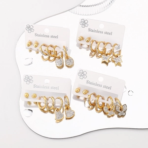 Gold stainless steel earring sets featuring heart, star, and butterfly rhinestone designs