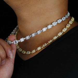 Close-up of hip hop necklaces with 10x8mm rectangular cubic zirconia in gold and silver
