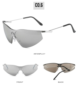 Three views of silver semi-rimless cycling sunglasses with gray lenses and crescent logo