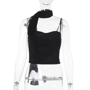 Detail of black sleeveless tube top with matching long shoulder ties and neck scarf feature