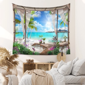 Détail d'une tapisserie de plage bohème avec mer tropicale pour décoration murale de chambre