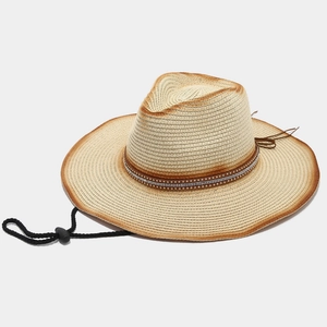 Foldable western straw cowboy hat with sunflower belt and adjustable windproof strap