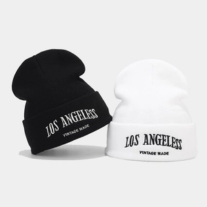 Black and white knitted beanies with LOS ANGELES vintage embroidery for men and women
