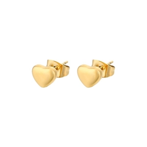 Paire de boucles d'oreilles cœur dorées minimalistes en acier inoxydable poli sur blanc