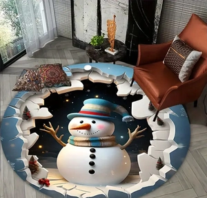 Detailed view of round 3D Christmas rug featuring a snowman and tree on wooden floor