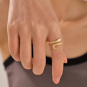 Golden snake-shaped stainless steel open ring with detailed scale texture for men and women