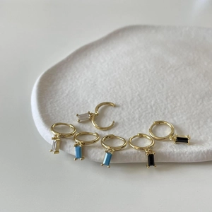925 Sterling Silver Hoop Earrings With Rectangular Zirconia Pendant Minimalist Elegant Style For Women Daily Wear