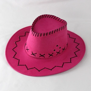 Detail of rose red suede cowboy hat with black decorative stitching and side ventilation