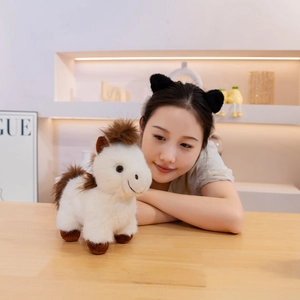 Cute white plush toy pony with brown mane and soft fur for children gifts