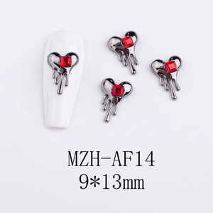 Gothic melting heart nail charm in gunmetal alloy with red rhinestone, 9x13mm size