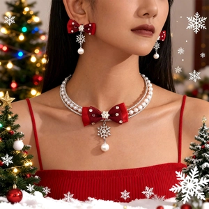 Christmas Jewelry Set Red Fabric Bowknot Snowflake Pendant Copper Necklace Faux Artificial Pearl Rhinestone Silver Earring Post Women