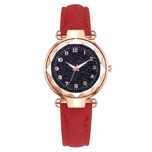 Women's starry sky watch with red suede strap and rose gold faceted glass case