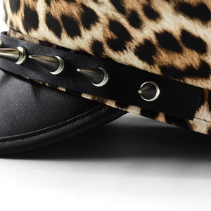 Punk leopard print military hat with black faux leather brim and silver metal rivets