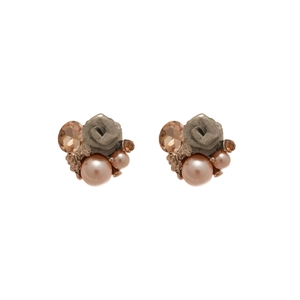 Elegant vintage flower stud earrings with pink pearls and champagne rhinestones
