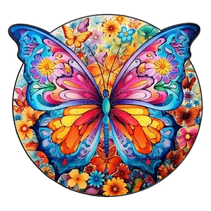 Detailed close-up of a colorful butterfly irregular wooden puzzle with floral patterns