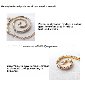 Detail of gold zircon necklace featuring micro-inlay stones and adjustable lobster clasp