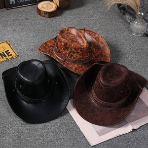Three western cowboy straw hats in black, dark coffee, and marbled brown colors
