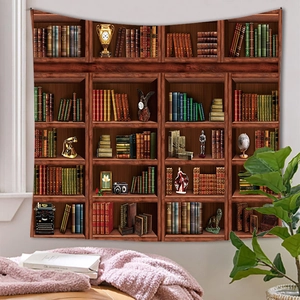Macro shot of vintage bookshelf tapestry featuring detailed retro library print textures