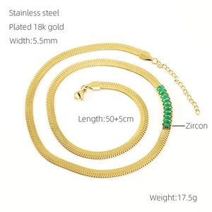 Detailed specs of 18K gold plated stainless steel snake chain necklace with green zircon