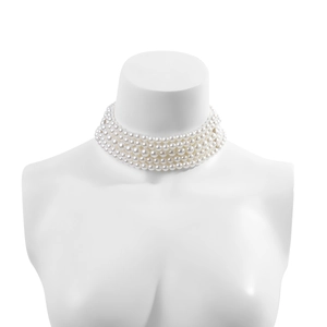 Close-up of five-layer layered faux pearl choker necklace on a white display mannequin