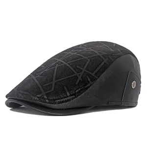 Waterproof leather patchwork newsboy cap with warm winter lining for middle-aged men