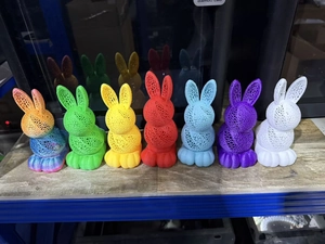 Detailed grid structure of 3D printed Easter bunny lights in vibrant multiple colors