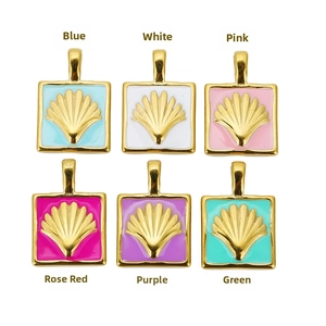 Detail of 18k gold plated square shell pendants in six vibrant enamel colors