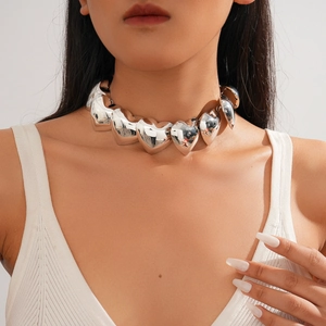 Polished silver metal heart choker necklace with a bold 3D heart design for women
