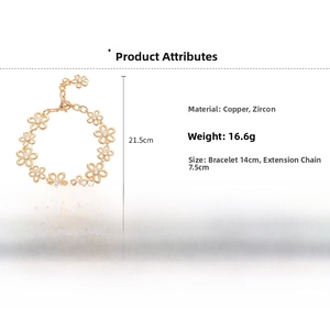Detailed dimensions of gold flower bracelet with copper zircon and adjustable chain link