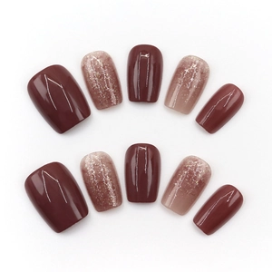 Short square gradient cherry red false nails with silver glitter and glossy finish