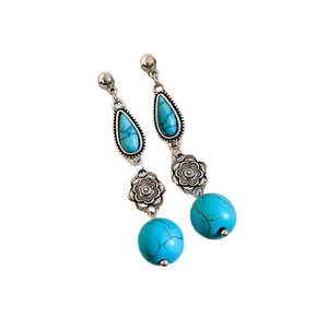 Bohemian silver drop earrings with blue turquoise stones and vintage floral patterns