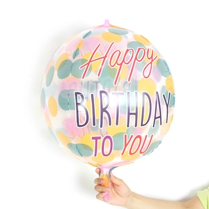 Clear 22-inch 4D round birthday balloon with colorful polka dots and happy birthday print