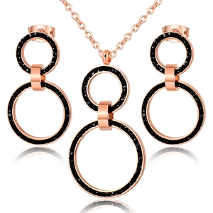 Rose gold stainless steel jewelry set with Roman numerals and black stone inlay