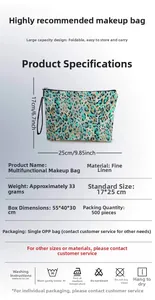 Detailed view of leopard print cosmetic bag with dimensions 17x25cm and linen fabric