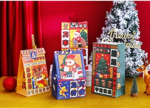 Detailed view of four festive Christmas paper gift bags with classic holiday illustrations