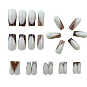 24pcs French marble brown press-on nails with cream white base and glossy finish
