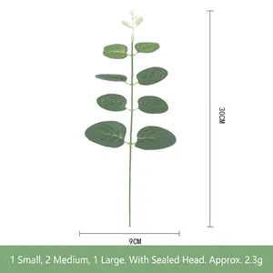 Detailed size chart of artificial eucalyptus leaf showing 30cm height and 9cm width